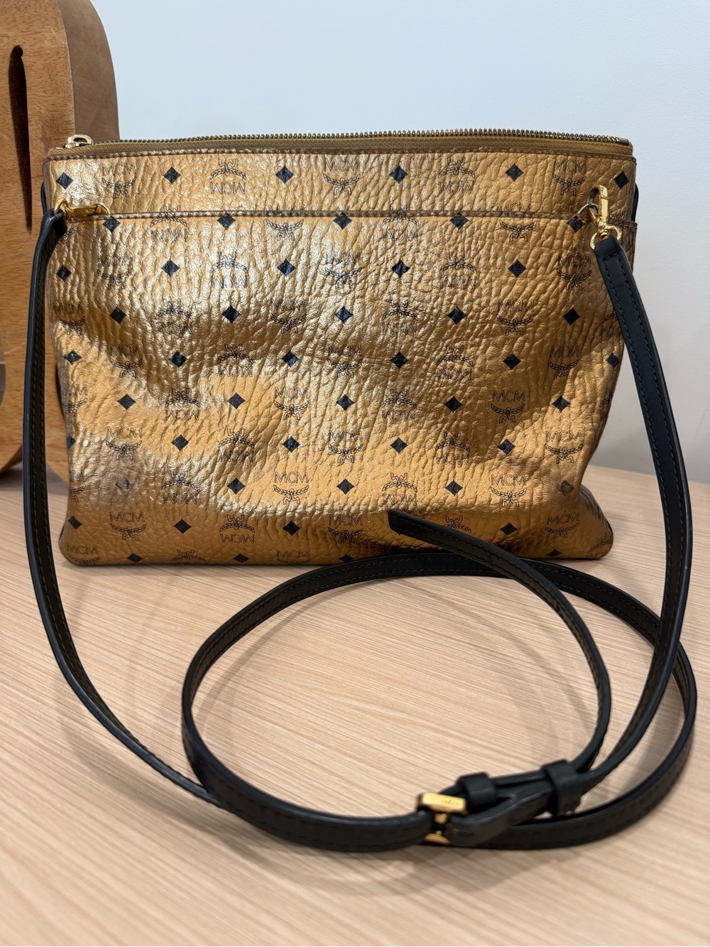 MCM Metallic Gold Visetos Crossbody with Black Strap